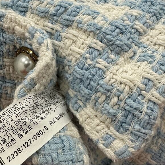 Zara Blue White Textured Houndstooth Plaid Pearl Jewel Button Overshirt Shacket - Picture 8 of 11